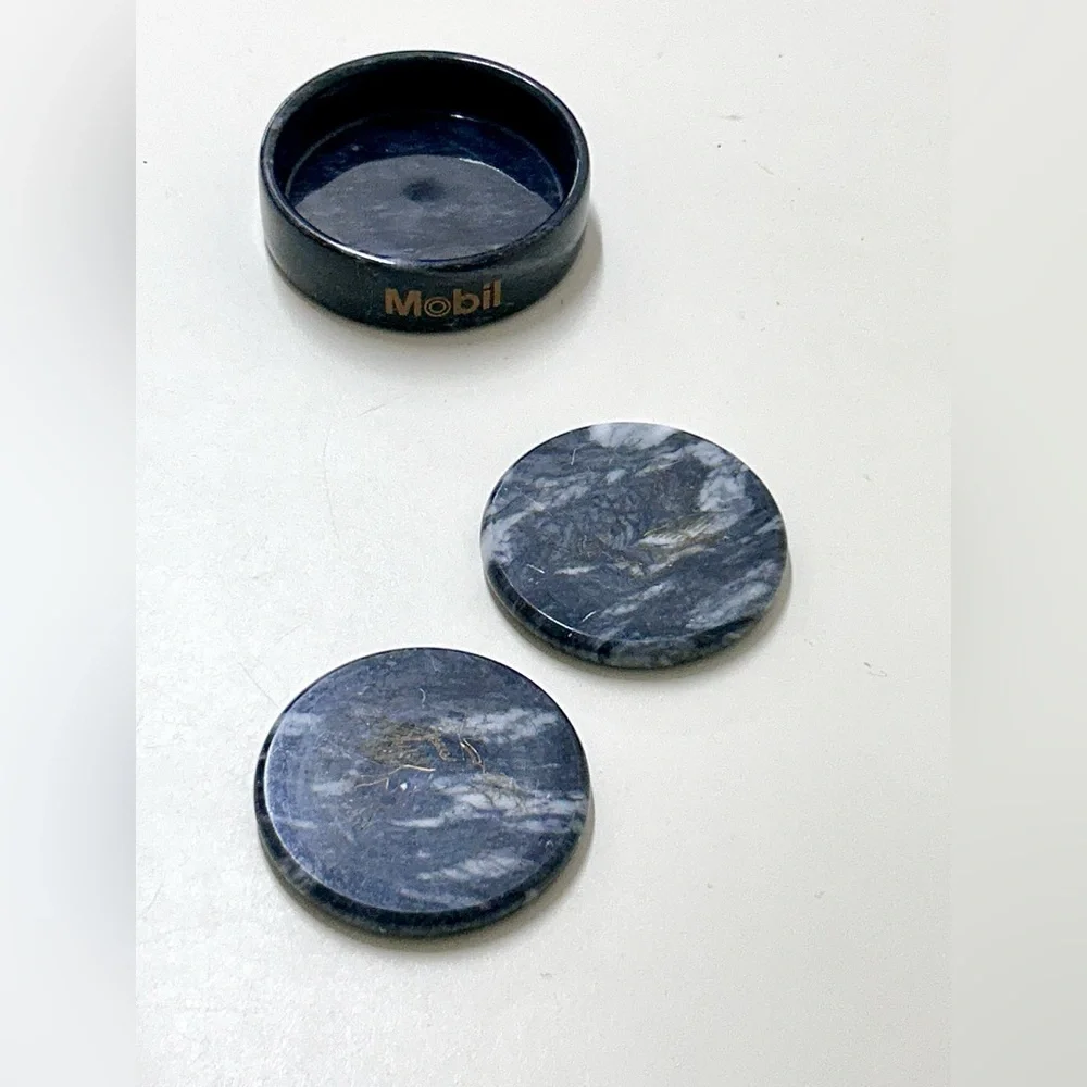 Vtg Executive Set of 2 Black Marble MOBIL Gas Oil Pegasus Logo Drink Coasters